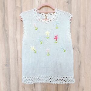 Vintage Womens Knit Tank Top Size L Ivory Embroidered Floral Crochet Cottagecore